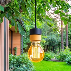 Wall Mural - A stylish hanging light bulb shines brightly, surrounded by lush greenery, enhancing the outdoor ambiance of a modern space.