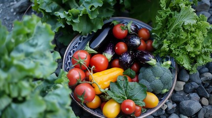 Wall Mural - A bowl of fresh vegetables, including tomatoes, eggplant, broccoli and peppers.