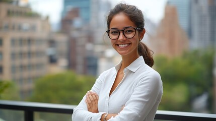 Woman smile and outside on balcony with arms crossed for happiness in portrait with pride for company Glasses designer and employee with outdoor office for relax on break in urban town : Generative AI