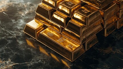 Aufkleber - Close-up shot of gleaming gold bars resting on a dark marble surface, symbolizing wealth and luxury.