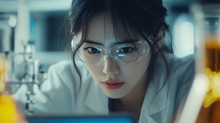 Aufkleber - Chemistry laptop and science with woman in laboratory for medical or pharmaceutical research Computer innovation and typing with scientist at work for analysis development or experimen : Generative AI