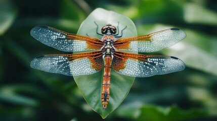 Poster - High-definition shot of a dragonfly resting on a leaf, with a focus on its intricate wing patterns and colorful body, set against a natural backdrop.