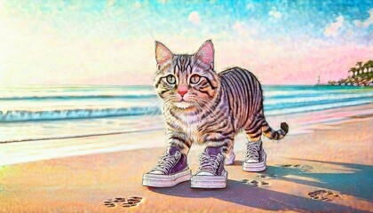 Sneaker-clad kitten strolling on the seashore