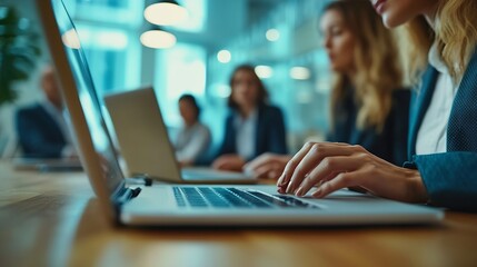 Aufkleber - Team of business people collaborates using laptop and modern technology Snapshot captures the essence of a professional business meeting where individuals come together as a cohesive w : Generative AI