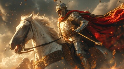 A knight on a white horse is riding through a stormy sky