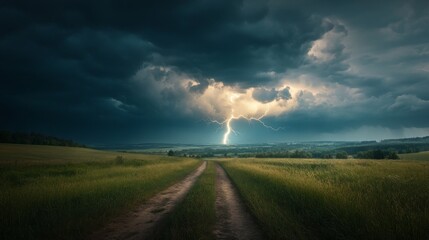 Poster - High-definition shot of a lightning storm over a rural landscape, with dark clouds and bright lightning illuminating the field and stormy atmosphere.