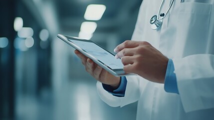Poster - Clinic tablet and hands of doctor with patient for consulting medical service and help in hospital Healthcare telehealth and people on digital tech for diagnosis online results and ins : Generative AI