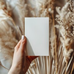 close-up image of a female hand holding a white empty postcard with a autumn themed background