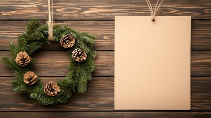 A beautiful Christmas wreath with pinecones, displayed next to a blank card on rustic wooden background. Perfect for holiday greeting.