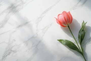 Poster - A delicate pink tulip lies elegantly on a marble surface, illuminated by soft natural light, creating a serene and tranquil mood. Generative AI