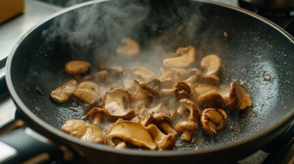 Aufkleber - High-definition shot of a shiitake mushroom being saut in a pan, capturing the sizzling action and the golden-brown color developing on the mushrooms.