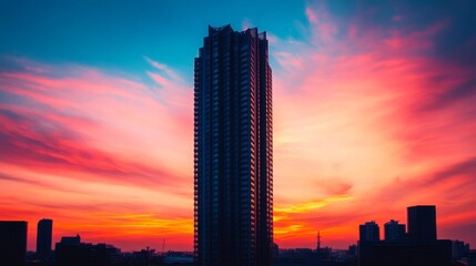 Aufkleber - High-definition shot of a tall residential skyscraper at sunset, with the building silhouette contrasting against the vibrant colors of the sky.