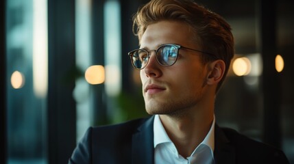 Aufkleber - High-definition shot of a young businessman in a stylish office, looking out of a window with a thoughtful expression, showcasing contemplation and leadership.