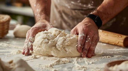 Hands skillfully kneading dough on a surface dusted with flour, ready for baking