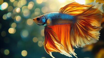 Poster - High-resolution close-up of a Betta fish with a dramatic display of its flowing fins and vivid colors, in a serene aquarium setting with natural light