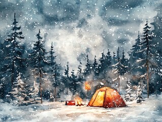winter camping scene, snowstorm warnings, dark forest in background, watercolor style