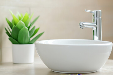 A stylish modern basin with a chrome faucet beside a decorative plant, creating a fresh and serene bathroom atmosphere.