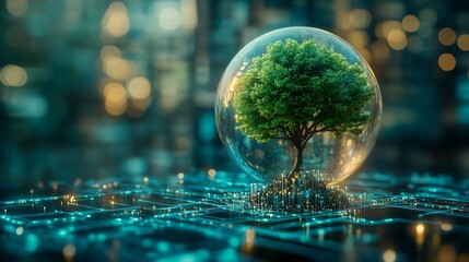 Aufkleber - Tree growing on Circuit digital ball Digital and Technology Convergence Blue light and Wireframe network background Green Computing Green Technology Green IT csr and IT ethics Concept : Generative AI