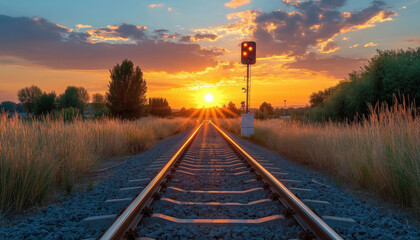 Railroad track disappearing into a beautiful sunset over the horizon