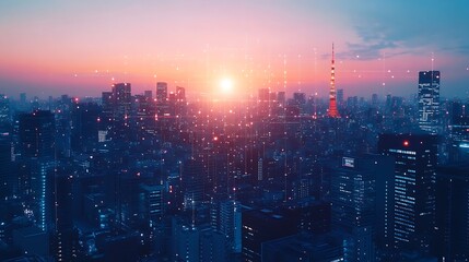 Fototapete - Global world telecommunication network Wireless Communication on modern cityscape background : Generative AI