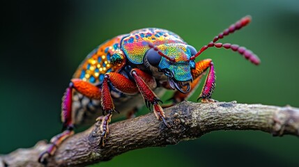 Poster - High-resolution close-up of a colorful beetle on a branch, highlighting its vivid patterns and glossy exoskeleton against a contrasting background.