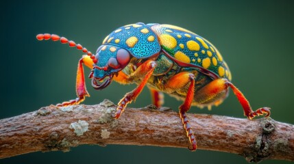 Poster - High-resolution close-up of a colorful beetle on a branch, highlighting its vivid patterns and glossy exoskeleton against a contrasting background.