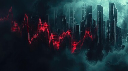 Poster - A dark, futuristic cityscape with ominous clouds and a striking red data trend line depicting volatility and change.