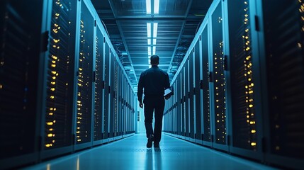 Aufkleber - Male IT Specialist Walks Between Row of Operational Server Racks in Data Center Engineer Uses Tablet Computer for Maintenance Concept for Cloud Computing Artificial Intelligence Cybers : Generative AI