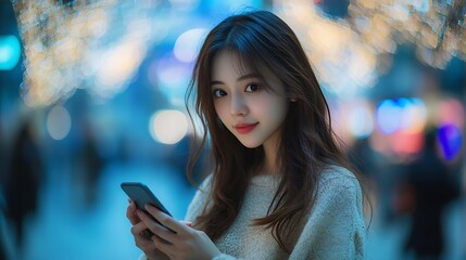 Aufkleber - Wireless communication network concept Mobile technologyYoung asian woman using a smart phone : Generative AI