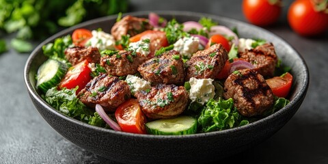 Wall Mural - Grilled Steak Salad with Feta, Tomatoes, and Cucumber