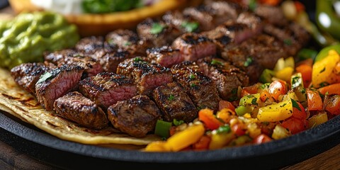 Wall Mural - Grilled Steak with Vegetables and Tortilla on a Black Plate