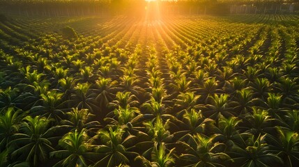 Aerial view of palm oil plantation during sunset.