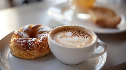 Wall Mural - A cup of cappuccino with latte art and a pastry on a plate.