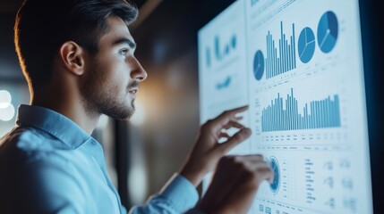 Aufkleber - High-resolution close-up of a young businessman giving a presentation with a projector screen displaying graphs and data, emphasizing his engaging delivery