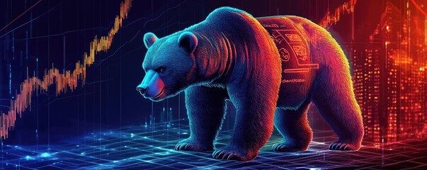 Poster - A digital bear stands on a vibrant grid, symbolizing market trends with dramatic lighting and visual impact.