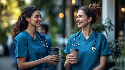 Two diverse female and one male healthcare workers in scrubs take a coffee break outside a medical facility engaging in a lively conversation : Generative AI