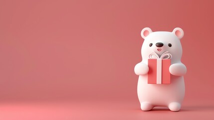 Canvas Print - A cute cartoon polar bear holding a pink gift box on a pink background.