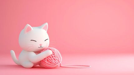 Wall Mural - A cute cartoon cat plays with a ball of pink yarn on a pink background.