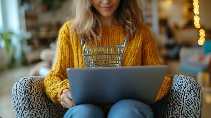 Woman with laptop shopping online at home closeup : Generative AI