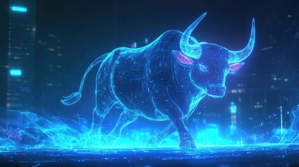 Poster - A striking digital representation of a bull, illuminated in neon blue lights, symbolizing strength and power in a futuristic setting.