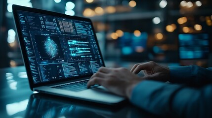 Fototapete - Data science digital technology concept Computer science engineer programming on laptop at office data exchange system control and data management with Ai Business and Artificial intel : Generative AI