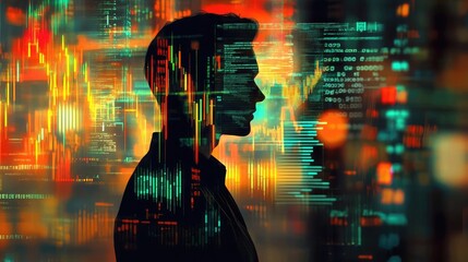 Aufkleber - A silhouette of a person against a backdrop of vibrant data streams, symbolizing technology and digital transformation.