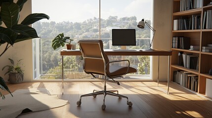 Wall Mural - Elegant home office with large window view and natural light, featuring a minimalist desk setup, a plant in the corner, and a serene bookshelf. 