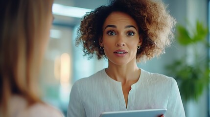 Mid adult businesswoman using digital tablet while talking to female coworker on a meeting in the office : Generative AI