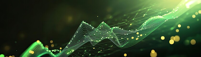 Poster - An abstract illustration of glowing green waves with dynamic lines and soft lights, ideal for technology and digital themes.