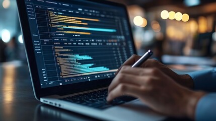 Fototapete - Business Project Management System Project manager working on laptop and updating tasks and milestones progress planning with Gantt chart scheduling interface for company on virtual sc : Generative AI