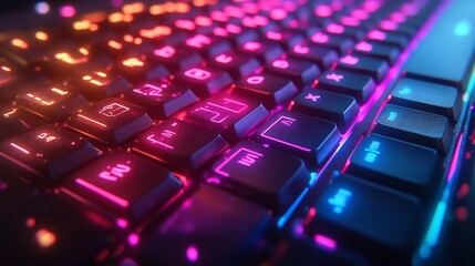 Poster - Working on a neon computer keyboard with colored backlighting Selected focus Computer video games hacking technology internet concept Selected focus : Generative AI