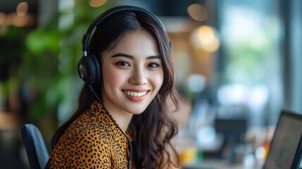 Poster - Happy woman call center and laptop with headphones in remote work for customer service or support at home office Friendly female person consultant or freelance agent smile in online ad : Generative AI
