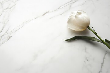 Poster - A delicate white tulip lies softly on a smooth, white marble surface, embodying simplicity and natural beauty in a tranquil setting. Generative AI