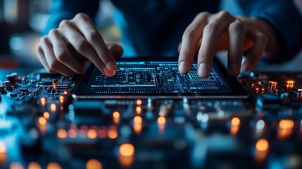Fototapete - Digital technology software development concept Coding programmer software engineer using digital tablet with circuit board and javascript on virtual screen internet of things IoT : Generative AI
